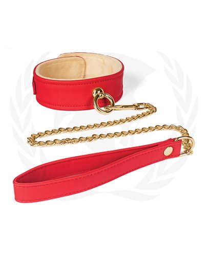 PLUSH LINED RED PU COLLAR & CHAIN LEASH