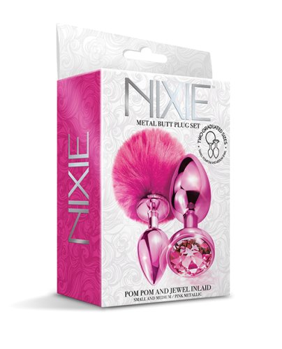 NIXIE METAL BUTT PLUG SET POM POM & JEWEL PINK METALLIC