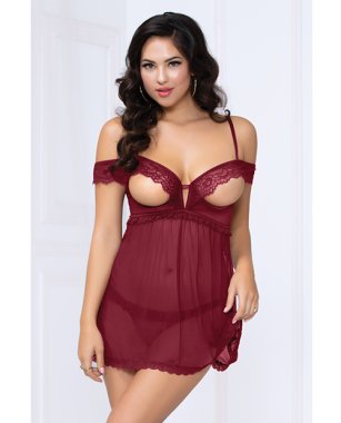 Lace & Mesh Open Cups Babydoll w/Fly Away Back & Panty Wine MD