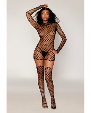 Geometric Fence Net Turtleneck Garter Dress w/Stockings - Black O/S