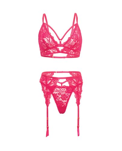 Aphrodite Lace Keyhole Bralette w/Garters & G-String - Raspberry L/XL