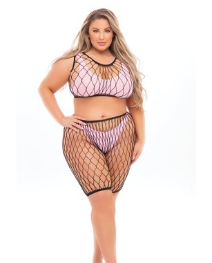 Pink Lipstick Brace for Impact Large Fishnet Top, Shorts, Bra & Thong (Fits up to 3X) Pink QN