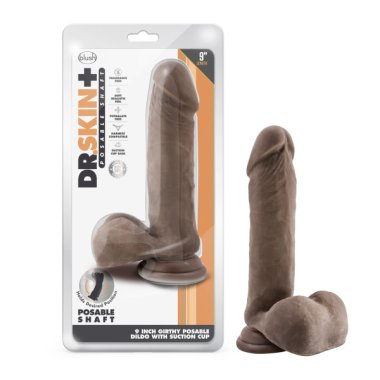 DR SKIN PLUS 9IN THICK POSABLE DILDO W/ BALLS CHOCOLATE