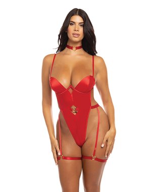 Mila Stretch Satin Padded Cup Teddy w/Heart Ring Detail Red SM