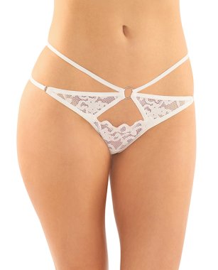 Jasmine Strappy Lace Thong w/Front Keyhole Cut Out White S/M