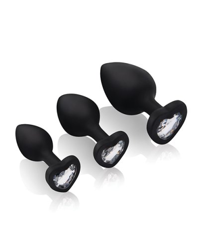 Gemsations 3 pc 2.75\" & 3.15\" & 3.7\" Silicone Bling Bling Heart Butt Plug Training Set - Black