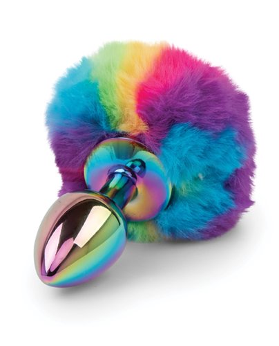 Gemsations 2.95\" Metal Bunny Tail Rainbow Butt Plug - Rainbow