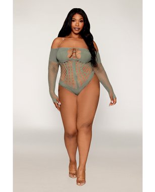 Long Sleeve Opaque and Fishnet Seamless Teddy w/Removable Halter Chain - Sage Green QN