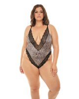 Jolene Satin Teddy w/Plunging Neckline Leopard/Black 3X/4X