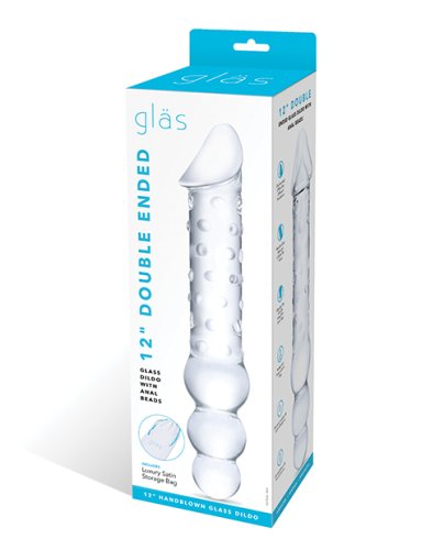 Glas 12\" Double Ended Glass Dildo w/Anal Beads - Clear