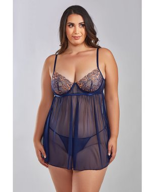Jennie Cross Dyed Galloon Lace & Mesh Babydoll Navy 1X