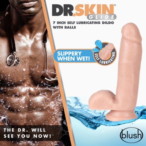 DR SKIN GLIDE 7IN SELF LUBRICATING DILDO W BALLS VANILLA