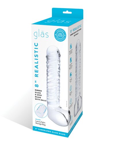 Glas 8\" Realistic Ribbed Glass G-Spot Dildo w/Balls - Clear