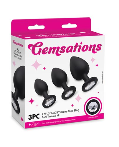 Gemsations 3 pc 2.75\" & 3.15\" & 3.7\" Silicone Bling Bling Butt Plug Training Set - Black