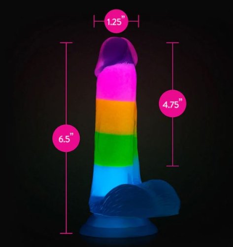 NEO ELITE GLOW IN THE DARK RAINBOW RAVE 6.5 SILICONE DUAL DENSITY DILDO\"