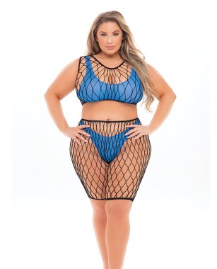 Pink Lipstick Brace for Impact Large Fishnet Top, Shorts, Bra & Thong (Fits up to 3X) Neon Blue QN