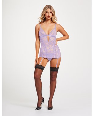 Lace & Mesh Triangle Cup Chemise w/Garters & Thong Lavender XL