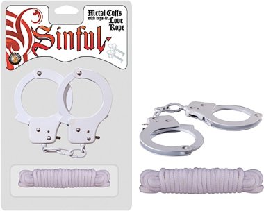 SINFUL METAL CUFFS W/LOVE ROPE WHITE