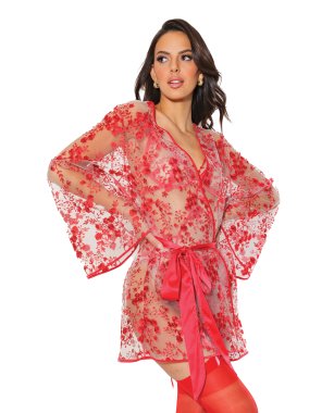 Holiday Embroidered Tulle Robe Red/Nude O/S