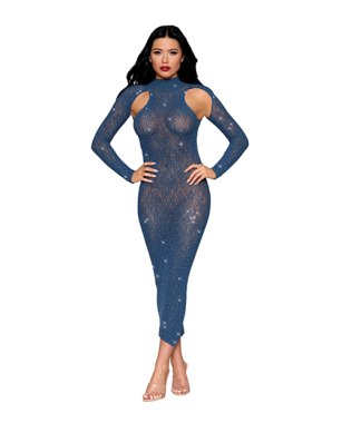 Long-Sleeved Seamless Open Back Bodystocking Gown w/Rhinestone Detail - Twilight Blue O/S
