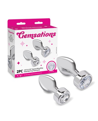 Gemsations 2 pc 3.25\" & 3.7\" Tapered Bling Bling Metal Butt Plug Training Set - Silver