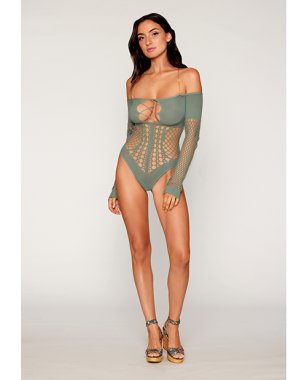 Long Sleeve Opaque and Fishnet Seamless Teddy w/Removable Halter Chain - Sage Green O/S