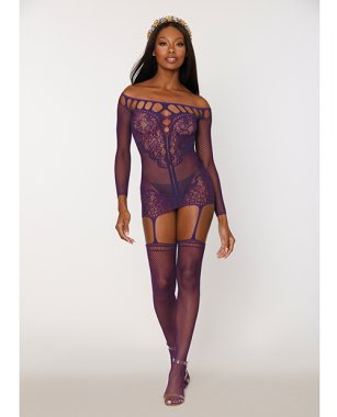 Scalloped Lace and Fishnet Garter Dress w/Attached Stockings - Purple O/S