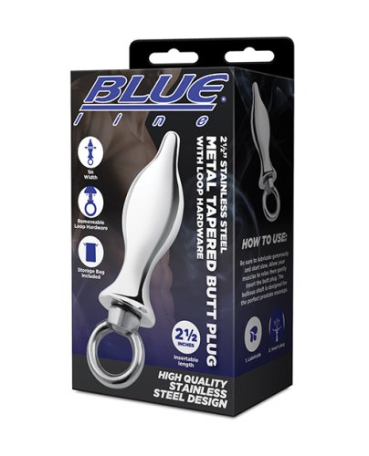 Blue Line 2.5\" Stainless Steel Metal Tapered Butt Plug With Loop Hardware