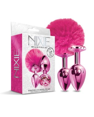 NIXIE METAL BUTT PLUG SET POM POM & JEWEL PINK METALLIC