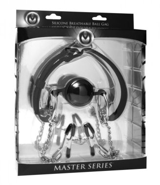 MASTER SERIES BALL GAG SILICONE WITH NIPPLE CLAMPS