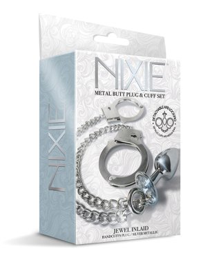 Nixie Metal Butt Plug w/Inlaid Jewel & Fur Cuff Set - Silver Metallic