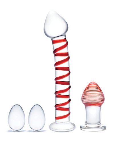 Glas 4 pc Mr. Swirly Set w/Glass Kegel Balls & 3.25\" Butt Plug - Red