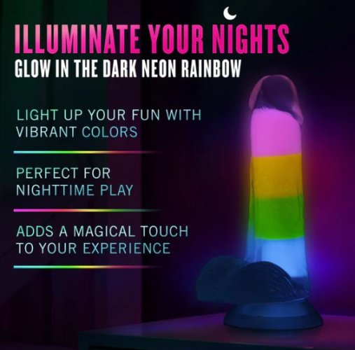 NEO ELITE GLOW IN THE DARK RAINBOW RAVE 6.5 SILICONE DUAL DENSITY DILDO\"