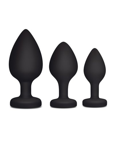 Gemsations 3 pc 2.75\" & 3.15\" & 3.7\" Silicone Bling Bling Heart Butt Plug Training Set - Black