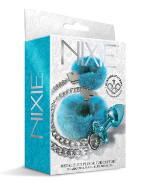 Nixie Metal Butt Plug w/Inlaid Jewel & Fur Cuff Set - Blue Metallic