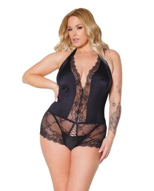 Holiday Stretch Eyelash Lace Halter Crotchless Teddy w/Lace Up Detail Black OS/XL