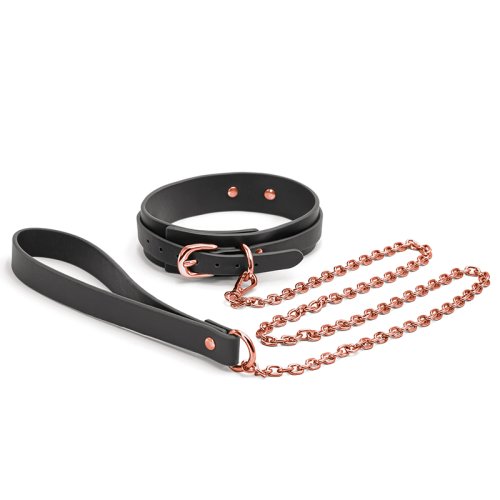 BONDAGE COUTURE COLLAR & LEASH BLACK W/ ROSE GOLD