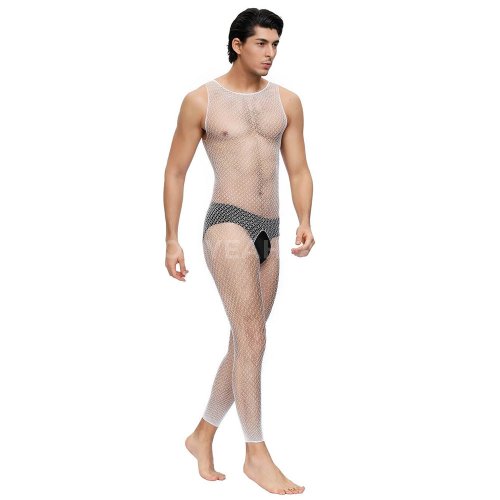 Mens White Crotchless Net Bodystocking *