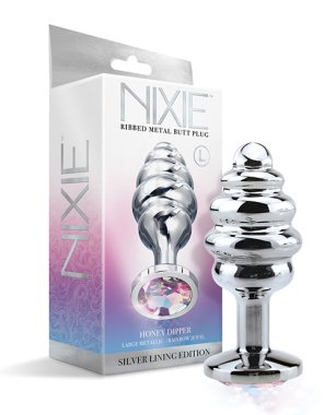 Nixie Honey Dipper Ribbed Metal Rainbow Jeweled Butt Plug - Large