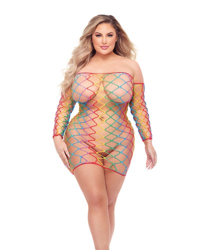 Pink Lipstick Taste the Rainbow See Through Dress w/Sleeves (Fits up to 3X) Rainbow QN