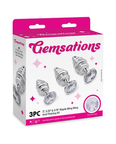 Gemsations 3 pc 2.95\" & 3.25\" & 3.7\" Ripple Bling Bling Metal Butt Plug Training Set - Silver