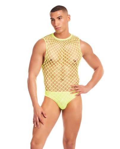 Rainbow Party Full Effect Large Mesh Unitard 2 pc Set w/Thong - Yellow S/M