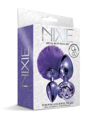 NIXIE METAL BUTT PLUG SET POM POM & JEWEL PURPLE METALLIC